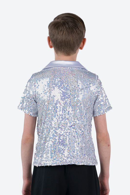 L3545 - COLLARED SHORT SLEEVE SEQUIN SHIRT
