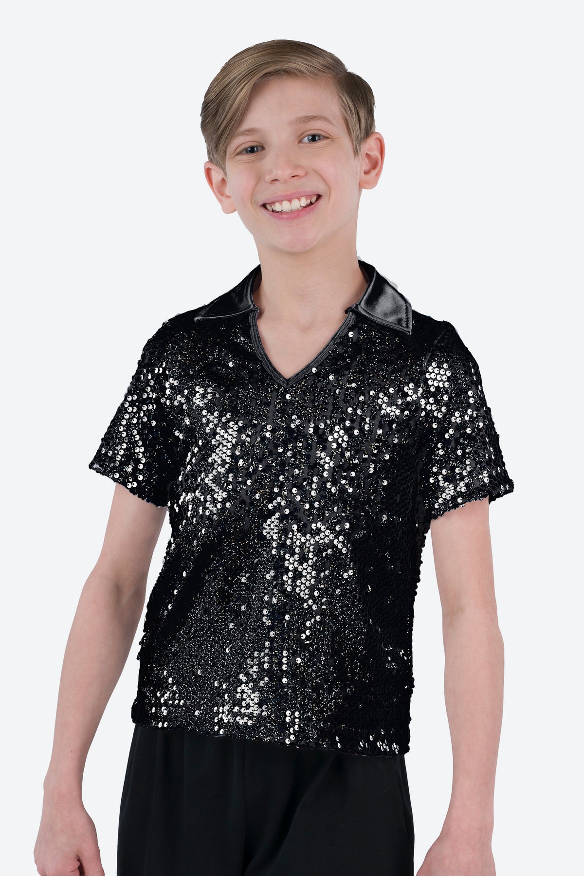 L3545 - COLLARED SHORT SLEEVE SEQUIN SHIRT