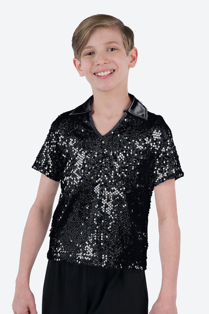 L3545 - COLLARED SHORT SLEEVE SEQUIN SHIRT