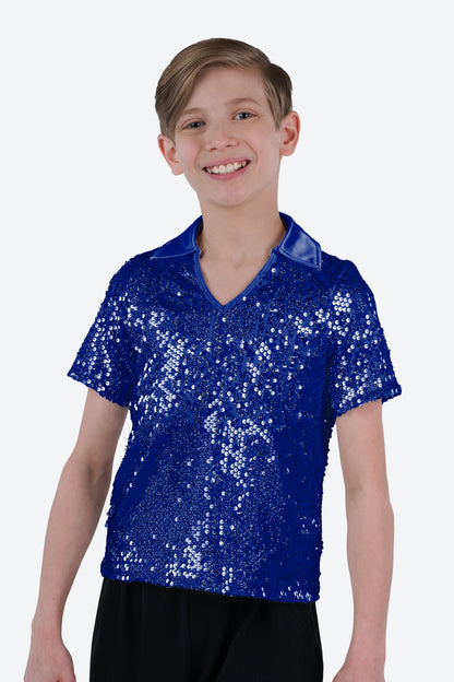 L3545 - COLLARED SHORT SLEEVE SEQUIN SHIRT