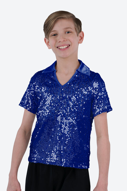 L3545 - COLLARED SHORT SLEEVE SEQUIN SHIRT