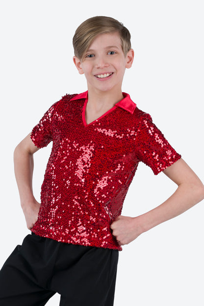 L3545 - COLLARED SHORT SLEEVE SEQUIN SHIRT