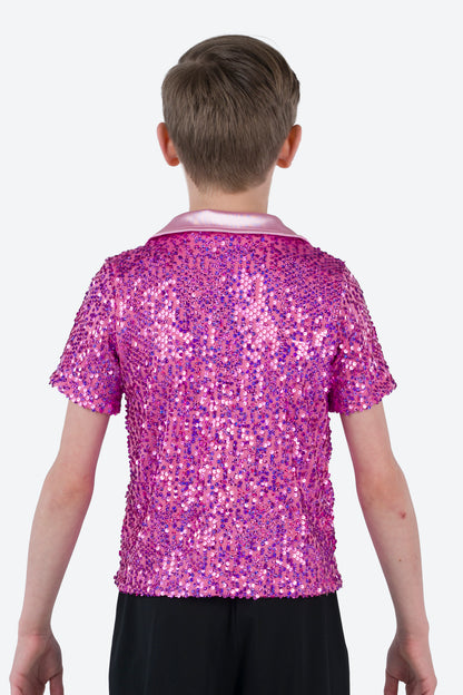 L3545 - COLLARED SHORT SLEEVE SEQUIN SHIRT