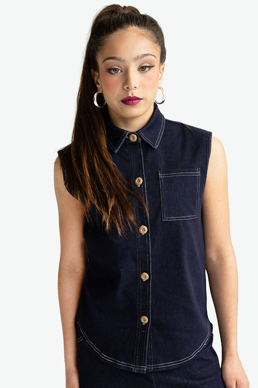 L3858 - DENIM SLEEVELESS BUTTON DOWN SHIRT
