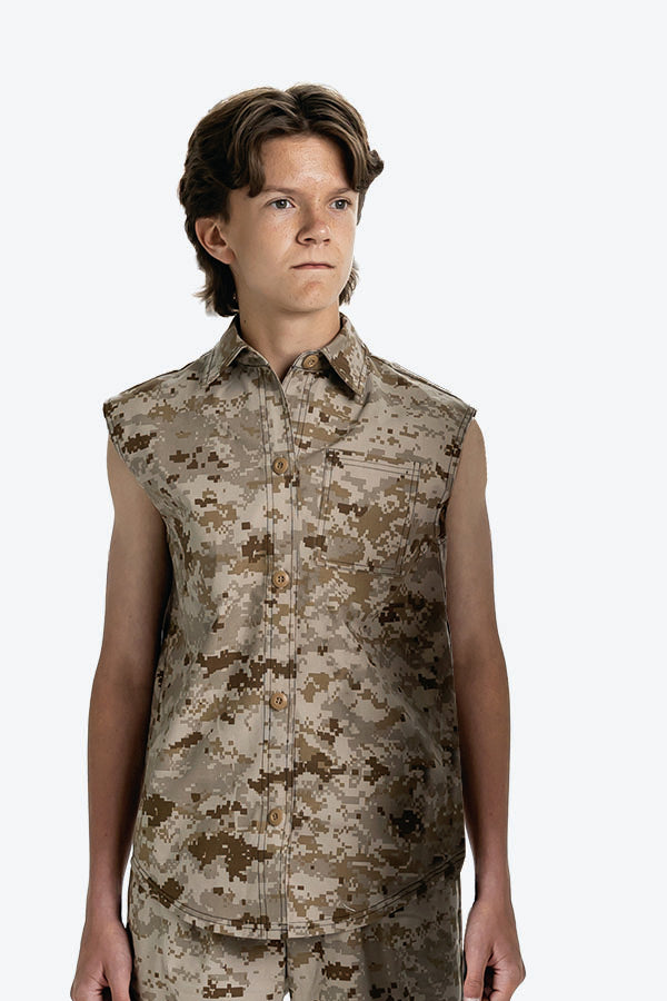 L3870 - CAMO SLEEVELESS BUTTON DOWN SHIRT (L3870-shirt-P)